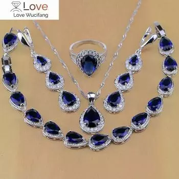 Ювелирные изделия из стерлингового серебра 925 пробы с белым фианитом и синим цирконием, комплекты ювелирных изделий для женщин, серьги/подвески/ожерелья/кольца/браслеты 8.5 красный