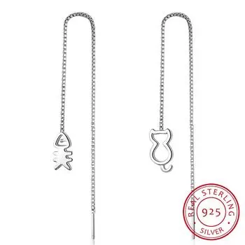 Ювелирные изделия из стерлингового серебра 925 пробы, асимметричные длинные серьги-кисточки из свежей кошачьей кости для женщин, букле д Орей S-E366