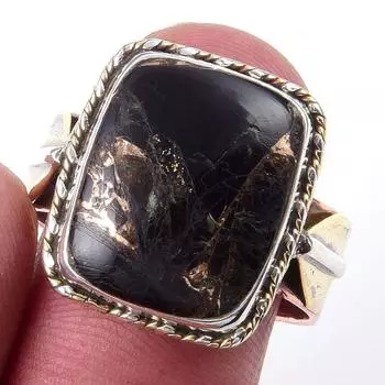 Ювелирные изделия из стерлингового серебра 925 пробы с натуральной черной медью и бирюзой, двухцветное кольцо S.9 F0Y83