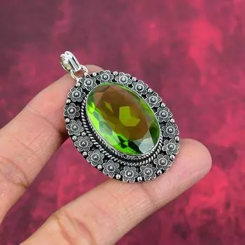 Ювелирные изделия из стерлингового серебра 925 пробы с перидотом, очаровательный кулон с драгоценным камнем, серебряные украшения ручной работы класса AAA+ для свадебного подарка 2.20 Inches зелёный
