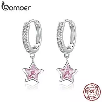 Ювелирные изделия из стерлингового серебра 925 пробы Bamoer, ослепительные розовые серьги-гвоздики со звездами и CZ для женщин и девочек, подарочные ювелирные изделия