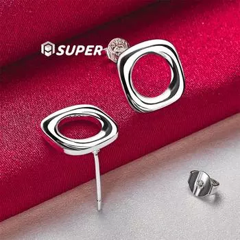 Ювелирные изделия из стерлингового серебра 925 пробы с квадратными круглыми серьгами-гвоздиками