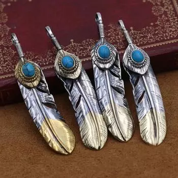 Ювелирные изделия из стерлингового серебра S925 в стиле ретро, тайское серебро для мужчин и женщин, подвеска с бирюзовым пером, подвеска-цепочка на свитер серебряный