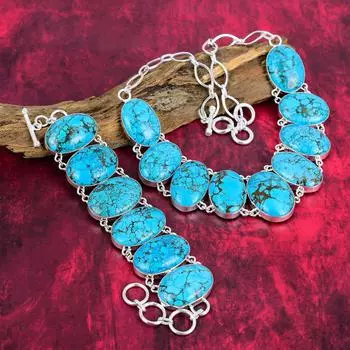 Ювелирные изделия из тибетской бирюзы, комплект ювелирных изделий из ожерелья и браслета ручной работы, ювелирные изделия из стерлингового серебра 925 пробы, красивый комплект ювелирных изделий из бирюзы для нее Adjustable With 8 -18 синий