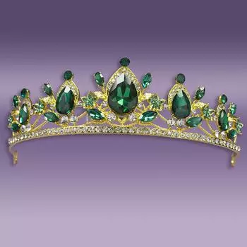 Ювелирные изделия Корона Головной убор Королевы День Рождения Корона Бал Представление Модный сплав Зеленый Свадебный Головной убор 15CM