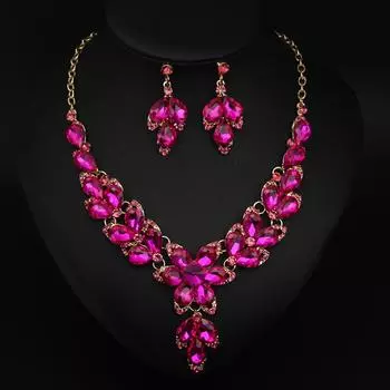 Ювелирные изделия Кристалл Драгоценные Камни Цветок Ключица Ожерелье Серьги Комплект Платье Женские Банкетные Аксессуары розы красного