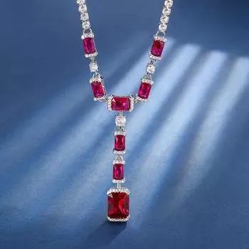 Ювелирные изделия Медь с покрытием из настоящего золота Имитация красного корунда Синяя шпинель Универсальная цепочка Премиальное банкетное колье Женское 8 * 10