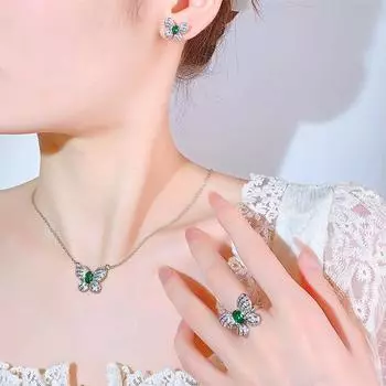 Ювелирные изделия Мода Бабочка Серьги-гвоздики Ожерелье Кольцо Изумруд Натуральный Свежий Сладкий Мода