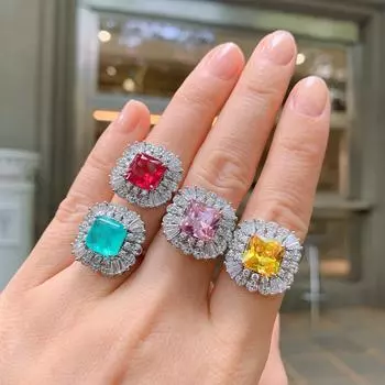 Ювелирные изделия Мода Цвет Сокровище Параиба Кольцо Гальваническое Моделирование Простое Циркон Кольцо Женское Square 9X9
