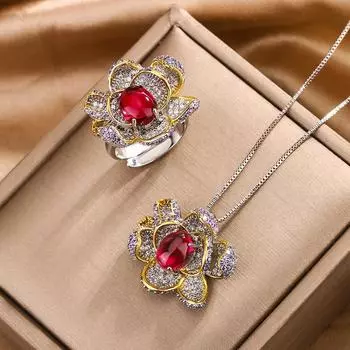Ювелирные изделия Новый комплект ожерелье кольцо рубин голубь кроваво-красный цвет высокого класса темперамент женский