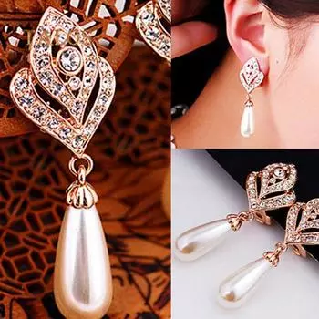 Ювелирные изделия Очарование Лист Сердце Waterdrop Искусственный жемчуг Горный хрусталь Висячие серьги