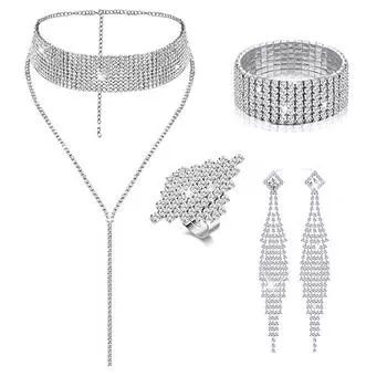 Ювелирные изделия, ожерелье-цепочка на шею, полный бриллиантовый коготь-цепочка, браслет, серьги, кольцо, цепочка на шею, набор из четырех предметов белый