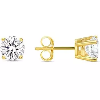 Ювелирные изделия Prim 1 Ct Круглые серьги-гвоздики Настоящее желтое золото 14 карат Искусственный бриллиант Push Basket 15MM жёлтый