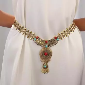 Ювелирные изделия Ретро инкрустированная стразами бирюзовая цепочка на талию этнический стиль монеты бахрома цепочка на тело аксессуары ханьфу золотой