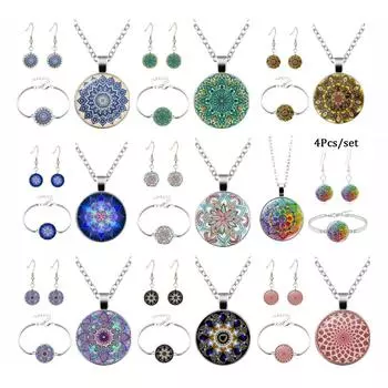 Ювелирные изделия Ретро Мандала Время драгоценных камней Ожерелье Серьги Браслет Комплект ювелирных изделий из трех частей
