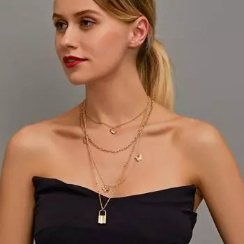 Ювелирные изделия Ретро Уличная стрельба Замок любви Многослойное ожерелье Ожерелье для девочек Личное 4-слойное металлическое ожерелье-бабочка Модные аксессуары золотой