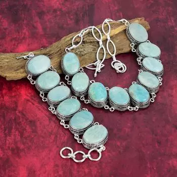 Ювелирные изделия ручной работы из амазонита, комплект из ожерелья и браслета из стерлингового серебра 925 пробы, эксклюзивные дизайнерские ювелирные изделия с драгоценными камнями для любви Adjustable With 8 -18 синий