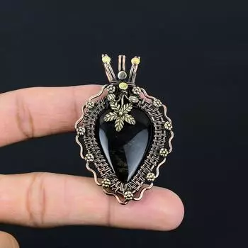 Ювелирные изделия ручной работы из черного оникса, драгоценный камень, кулон из чистой медной проволоки 2.56 Inches чёрный