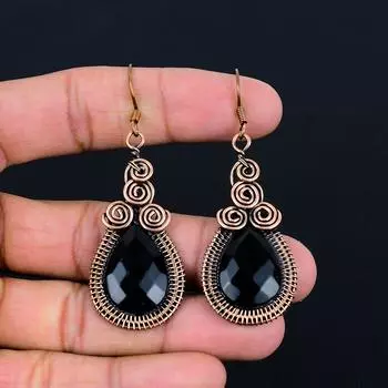 Ювелирные изделия ручной работы из черного оникса, серьги из чистой медной проволоки, обернутые на День Благодарения 2.68 Inches чёрный