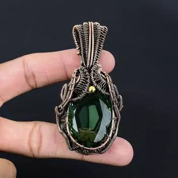 Ювелирные изделия ручной работы из драгоценного камня перидот, подвеска из чистой медной проволоки на День Благодарения 2.15 Inches зелёный