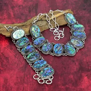 Ювелирные изделия ручной работы из драгоценного камня в виде раковины морского ушка, комплект ювелирных изделий из стерлингового серебра 925 пробы, браслет и ожерелье, подарок на День Благодарения Adjustable With 8 -18 синий