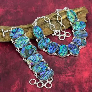 Ювелирные изделия ручной работы из ракушек морского ушка, комплект ювелирных изделий из браслета и ожерелья из стерлингового серебра 925 пробы, удивительный комплект украшений из натуральных драгоценных камней для нее Adjustable With 8 -18 синий