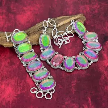 Ювелирные изделия ручной работы из розового триплетного опала, ювелирные изделия из стерлингового серебра 925 пробы, комплект украшений из браслета и ожерелья на любой случай Adjustable With 8 -18 розовый