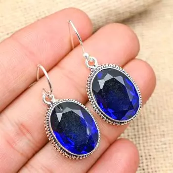 Ювелирные изделия ручной работы из стерлингового серебра 925 пробы с синим сапфиром, созданные в лаборатории драгоценные камни, серьги овальной формы для нее 1.60 Inches синий