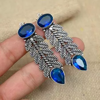 Ювелирные изделия ручной работы из стерлингового серебра 925 пробы с синим сапфиром, созданные в лаборатории, свадебные подарочные серьги 2.95 Inches синий