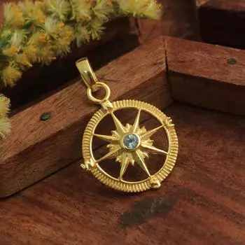 Ювелирные изделия ручной работы из стерлингового серебра 925 пробы с желтым золотом и синим топазом «Компас» жёлтый/золотой