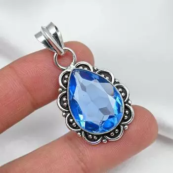Ювелирные изделия ручной работы из стерлингового серебра 925 пробы с синим топазом. Изысканный серебряный кулон. 1.77 Inches синий