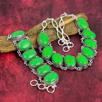 Ювелирные изделия ручной работы из зеленого медно-бирюзового драгоценного камня, комплект ювелирных изделий из стерлингового серебра 925 пробы, великолепный комплект ювелирных изделий из браслета и ожерелья для нее Adjustable With 8 -18 зелёный