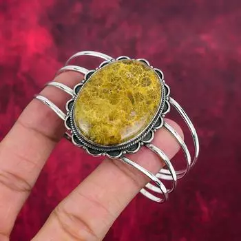 Ювелирные изделия ручной работы из желтого ископаемого коралла с драгоценными камнями, браслет из стерлингового серебра 925 пробы с уникальным дизайном, для женщин Adjustable жёлтый