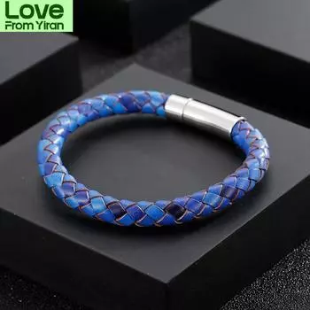 Ювелирные изделия ручной работы, мужской браслет из нержавеющей стали с застежкой коричневого и синего цвета, 8 мм, кожаный шнур, плетеный браслет, 215 мм 21.5cm синий