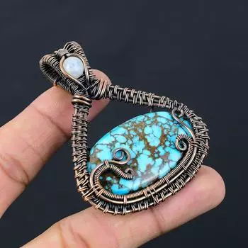 Ювелирные изделия ручной работы с бирюзовым драгоценным камнем из чистой медной проволоки, обернутые подвеской 2.76 Inches синий