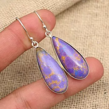 Ювелирные изделия ручной работы с фиолетовым медным бирюзовым драгоценным камнем, серьги из стерлингового серебра 925 пробы 1.57 Inches фиолетовый