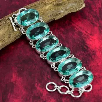 Ювелирные изделия ручной работы с граненым аква-апатитом, браслет из чистого серебра 925 пробы с аква-апатитом, ювелирные изделия из драгоценных камней, регулируемый браслет-цепочка для женщин 8 Inches With Adjustable синий