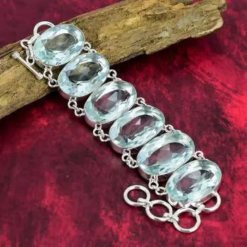 Ювелирные изделия ручной работы с граненым аквамарином, ювелирные изделия из чистого серебра 925 пробы с аквамарином, браслет из драгоценных камней для нее. Подарок на годовщину для нее 8 Inches With Adjustable синий