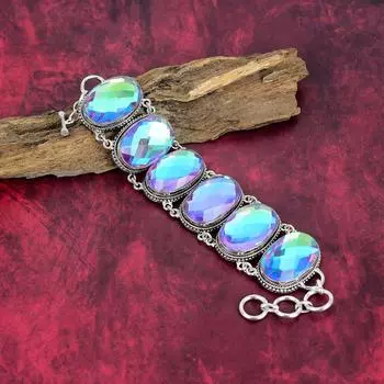 Ювелирные изделия ручной работы с граненым мистическим топазом, браслет из чистого серебра 925 пробы с мистическим топазом, серебряный браслет ручной работы с драгоценными камнями для любви 8 Inches With Adjustable белый