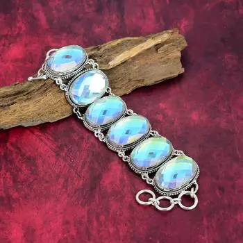 Ювелирные изделия ручной работы с граненым мистическим топазом, браслет из чистого серебра 925 пробы с мистическим топазом, серебряный браслет ручной работы с драгоценными камнями для любви 8 Inches With Adjustable белый