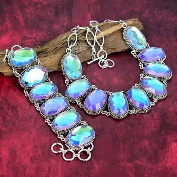 Ювелирные изделия ручной работы с граненым мистическим топазом, ожерелье и браслет из чистого серебра 925 пробы с мистическим топазом, комплект серебряных украшений из драгоценных камней для женщин Adjustable With 8 -18 белый