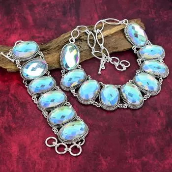 Ювелирные изделия ручной работы с граненым мистическим топазом, ожерелье и браслет из чистого серебра 925 пробы с мистическим топазом, серебряный комплект ювелирных изделий из драгоценных камней для любви Adjustable With 8 -18 белый