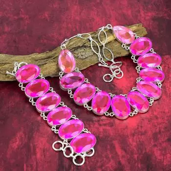 Ювелирные изделия ручной работы с граненым розовым топазом, комплект ювелирных изделий из браслета и ожерелья из стерлингового серебра 925 пробы, потрясающий комплект украшений из драгоценных камней топаза для нее Adjustable With 8 -18 розовый