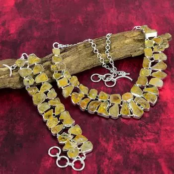 Ювелирные изделия ручной работы с грубым цитрином, комплект ювелирных изделий из стерлингового серебра 925 пробы, ожерелье и браслет, антикварные грубые украшения из драгоценных камней для женщин Adjustable With 8 -18 жёлтый