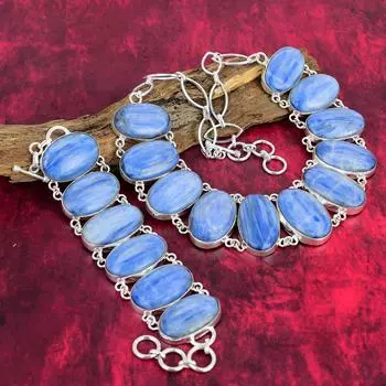 Ювелирные изделия ручной работы с кианитом, комплект ювелирных изделий из стерлингового серебра 925 пробы, красивое ожерелье и браслет, комплект ювелирных изделий для нее, удивительные украшения для подарка Adjustable With 8 -18 синий