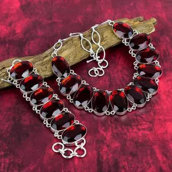 Ювелирные изделия ручной работы с красным гранатом, Ювелирные изделия из стерлингового серебра 925 пробы, Ожерелье и браслет из драгоценных камней для нее, Великолепные украшения для женщин Adjustable With 8 -18 красный