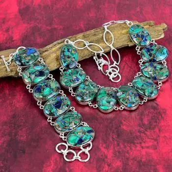 Ювелирные изделия ручной работы с медным малахитом и азуритом, комплект ожерелья и браслета из стерлингового серебра 925 пробы, великолепные ювелирные изделия из азутита с драгоценными камнями для женщин Adjustable With 8 -18 синий