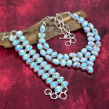 Ювелирные изделия ручной работы с ограненным мистическим топазом, ожерелье и браслет из цельного серебра 925 пробы, комплект серебряных украшений с драгоценными камнями ручной работы для любви Adjustable With 8 -18 белый