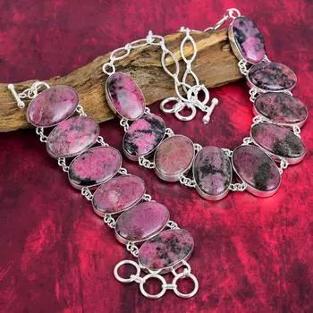 Ювелирные изделия ручной работы с родонитом, комплект ожерелья и браслета из стерлингового серебра 925 пробы, красивые украшения из натуральных драгоценных камней для свадебного подарка Adjustable With 8 -18 розовый