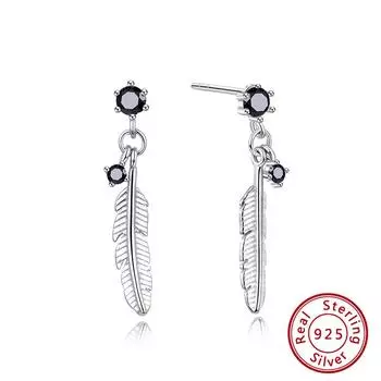 Ювелирные изделия S925 стерлингового серебра ретро белый циркон черный циркон перо простые и универсальные индивидуальные женские серьги-гвоздики 925